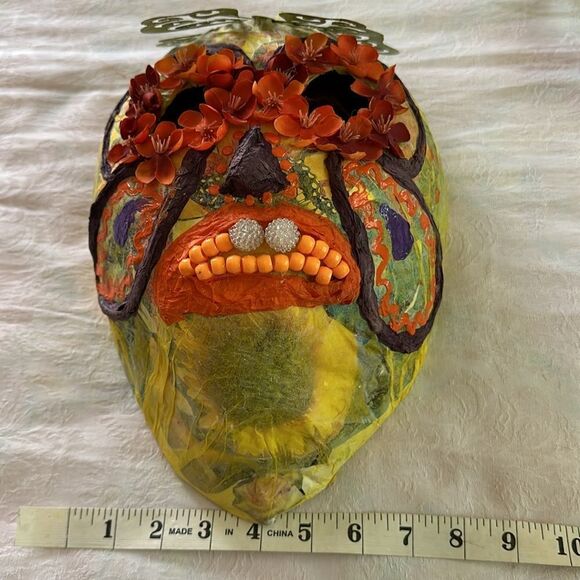 Mask Hand Crafted Day of the Dead Festival Decor Paper Mache Fabric Textile - Picture 8 of 8